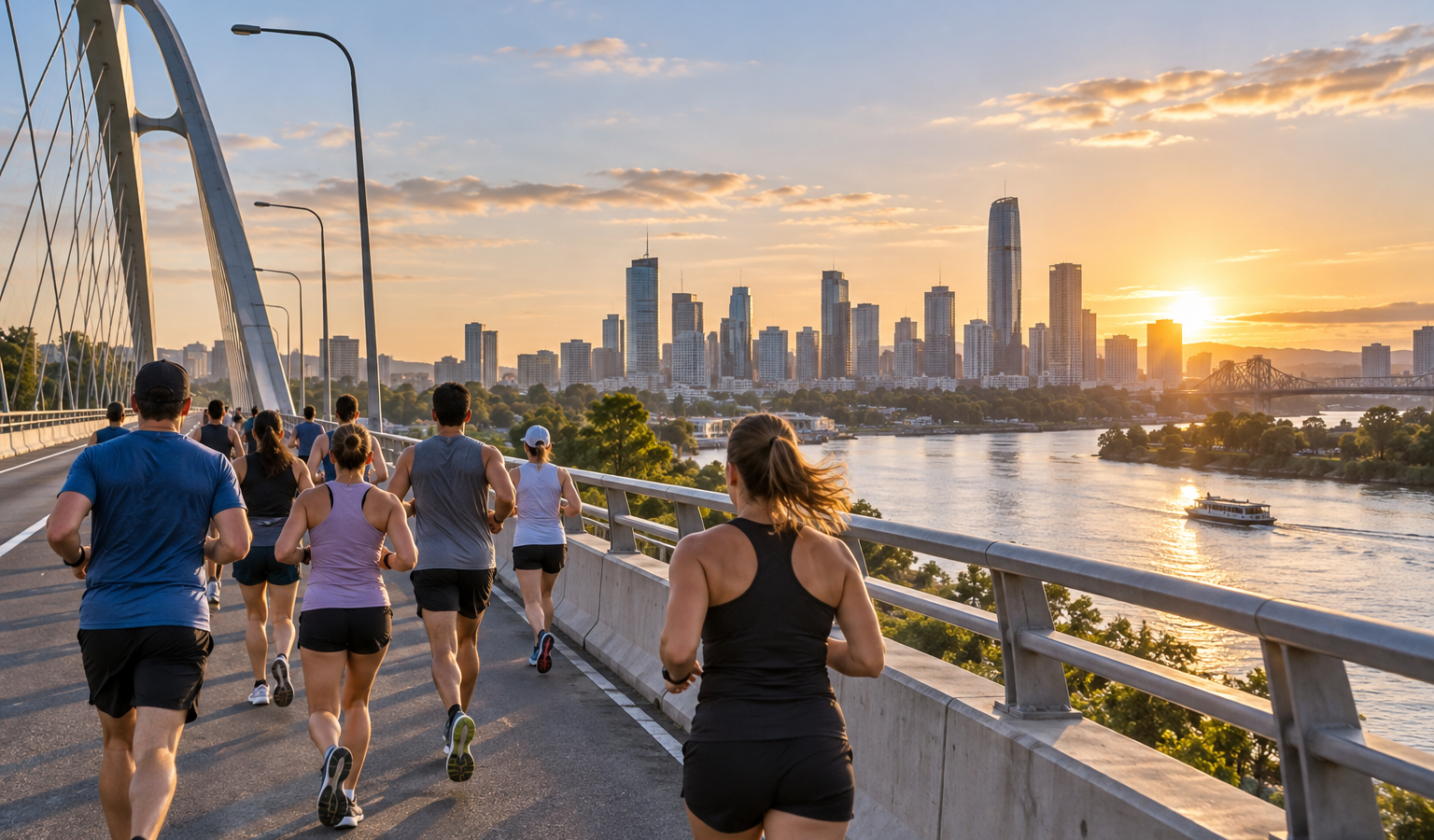 Illustrative artwork of anonymous runners crossing a generic Brisbane-style river bridge at sunrise; not a photo of the 2026 event.
