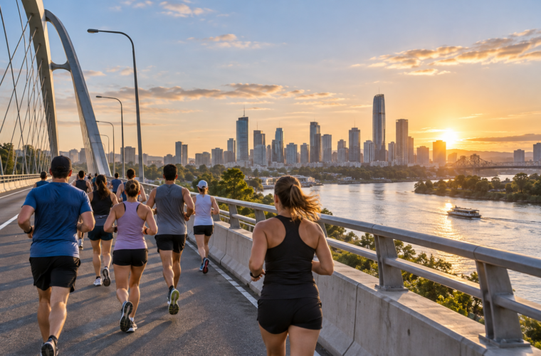 Illustrative artwork of anonymous runners crossing a generic Brisbane-style river bridge at sunrise; not a photo of the 2026 event.